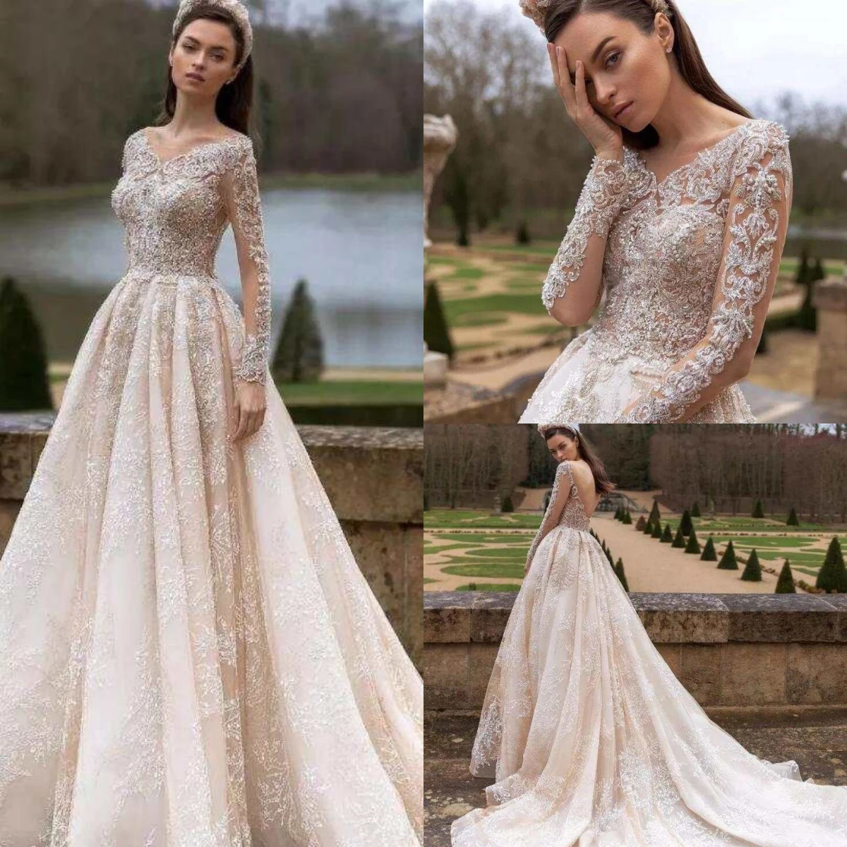 

Dreamy A-Line Gown Wedding Dresses Appliques Beading Lace Bridal Gowns Big Size Sweep Train Vestidos De Novia Custom Size Colour