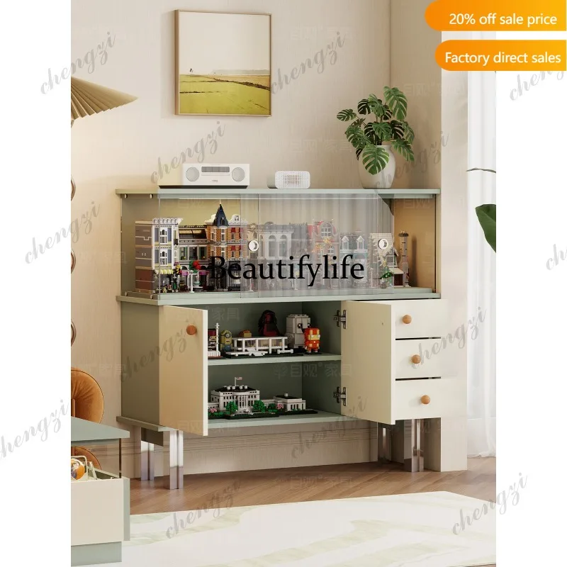 QQ Glass side cabinet dust display area living room wall double door large capacity storage cabinet