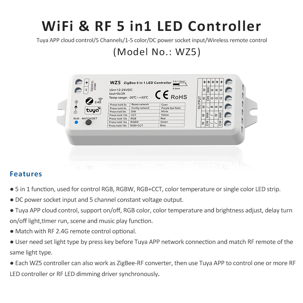 WZ5 Tuya Zigbee LED Controller DC 12V 24V 15A 5 in 1 RGB CCT RGBW RGBCCT LED Strip Light Controller RF 2.4G Wifi Smart Home