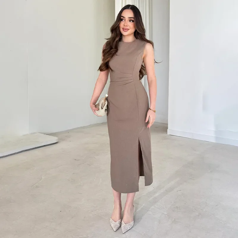 

2026 Spring New Fashion Elegant Pure Color Sleeveless Round Neck Split Side Bodycon Midi Dress Women