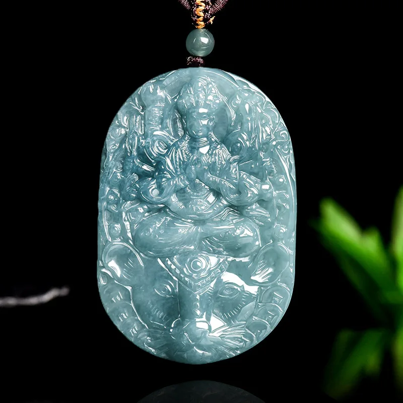 Natural A-grade Blue Water Jade Thousand-Handed Guanyin Pendant With Rat Zodiac Guardian God For Men's Charms Women's Jewlery