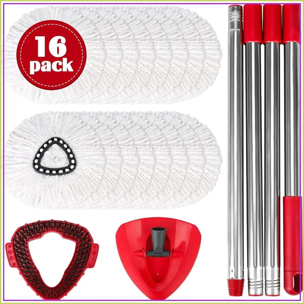 

16 Pack Microfiber Spin Mop Refills, Adjustable Mop Handle 31-63in, Scrubber Head & Triangle Base for EasyWring 1-Tank System