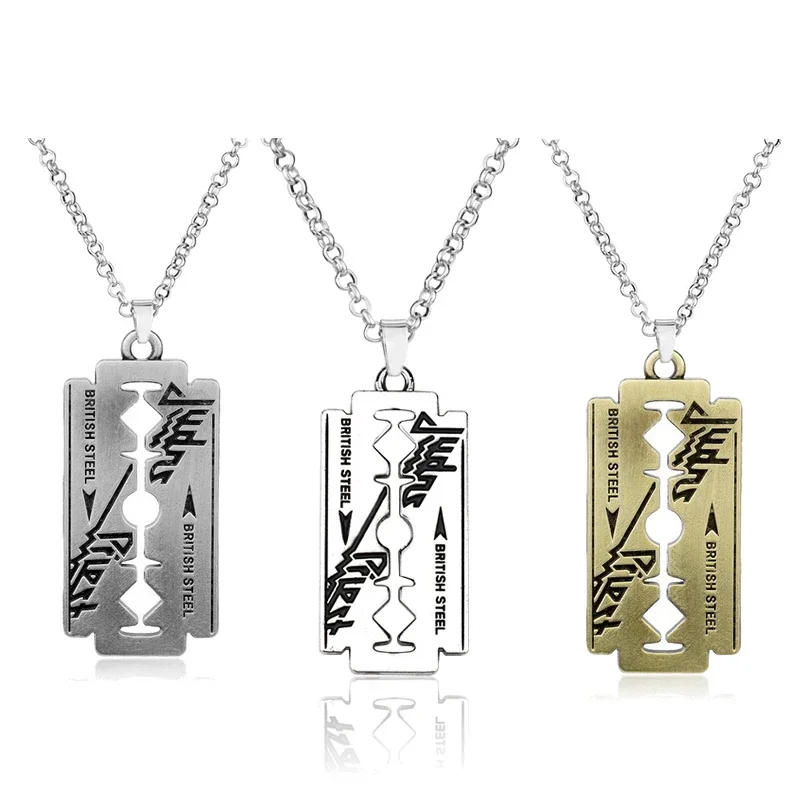 Hip Hop Rock Band Judas Priest Blade Razor Shape Pendant Necklace Long Chain Men Metal Necklace