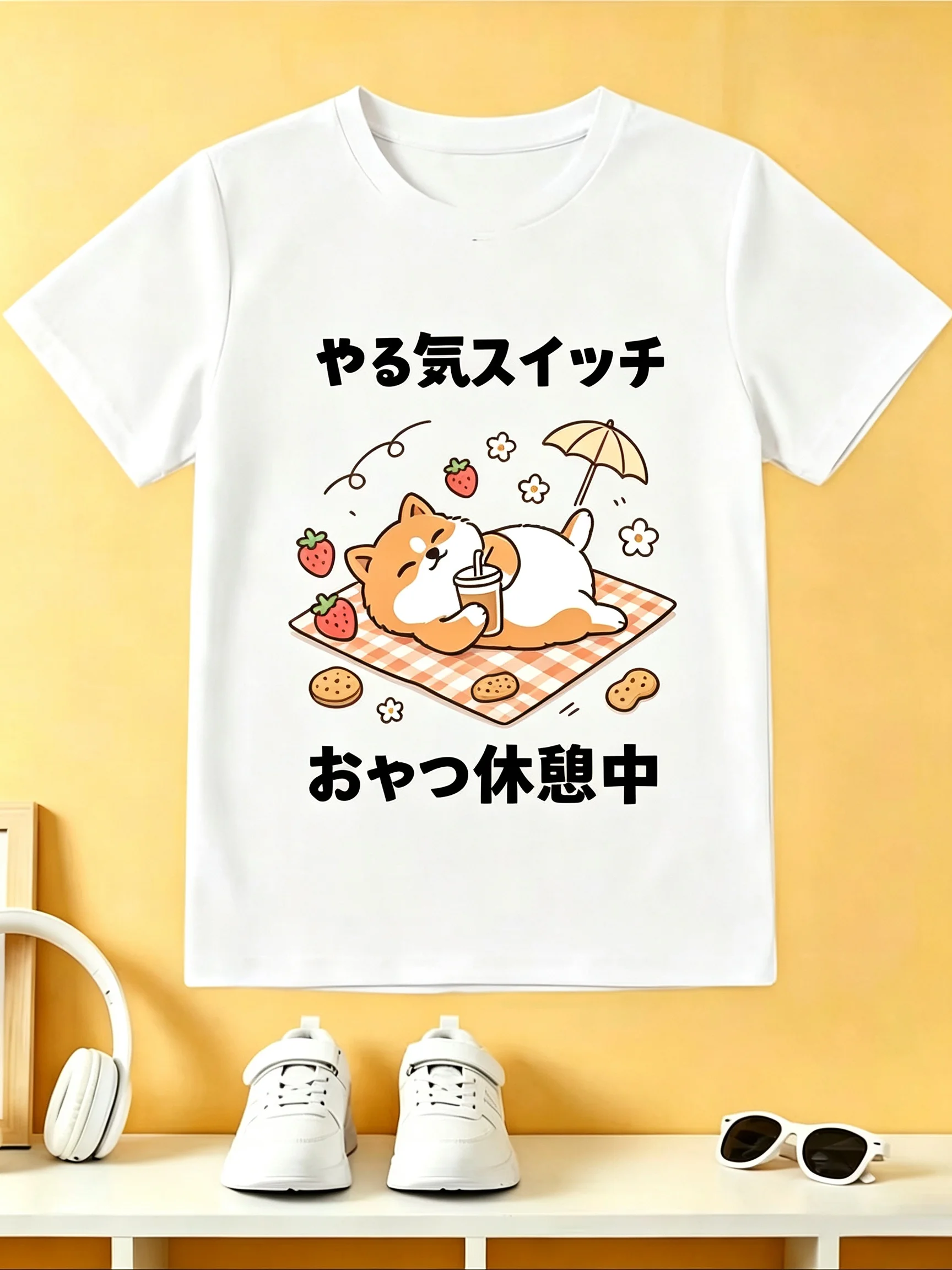 Kids Cute Lazy Shiba Inu Picnic Strawberry Graphic Tee Boys Girls Family Matching Short Sleeve Kawaii Casual Daily T Shirt