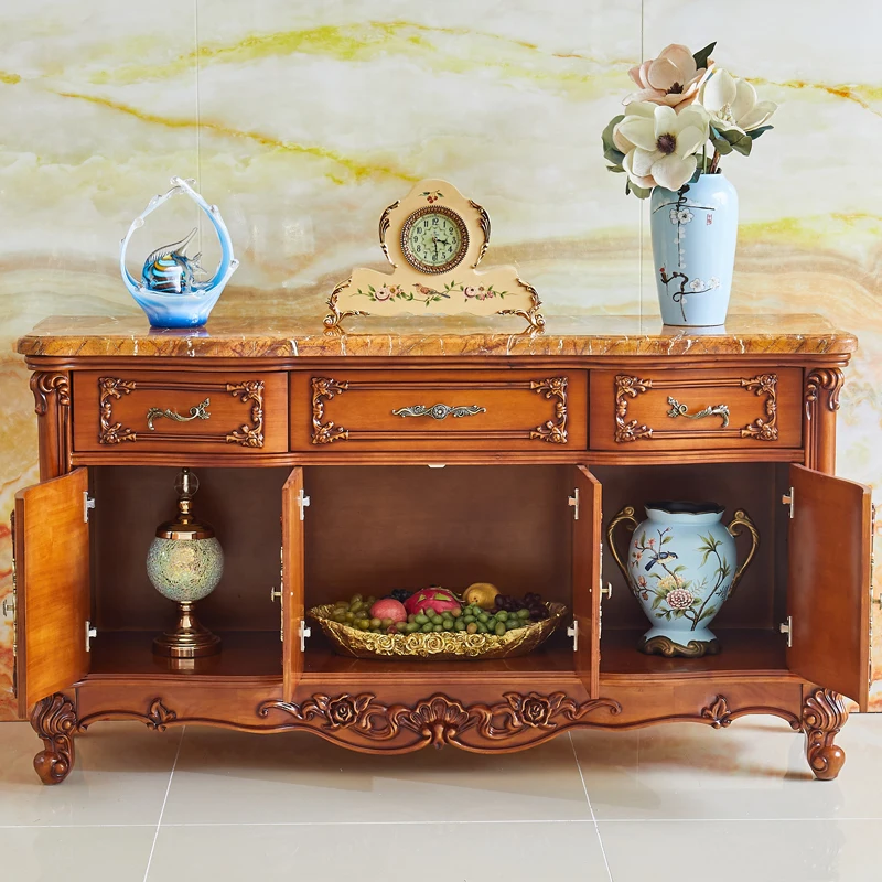 Marble sideboard, American restaurant, solid wood storage cabinet, carved bowl cabinet, luxurious wine cabinet