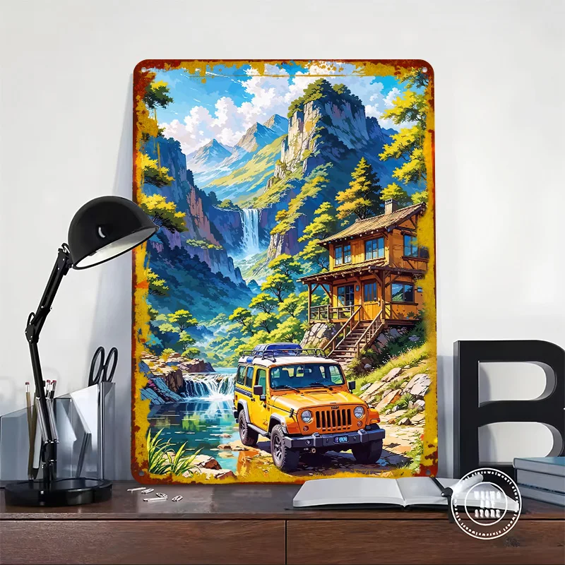 Off‑road Vehicle on Cliff Edge Metal Poster Customized Wall Art Retro Vintage Tinplate Signs for Gaming Room Decoration Cozy