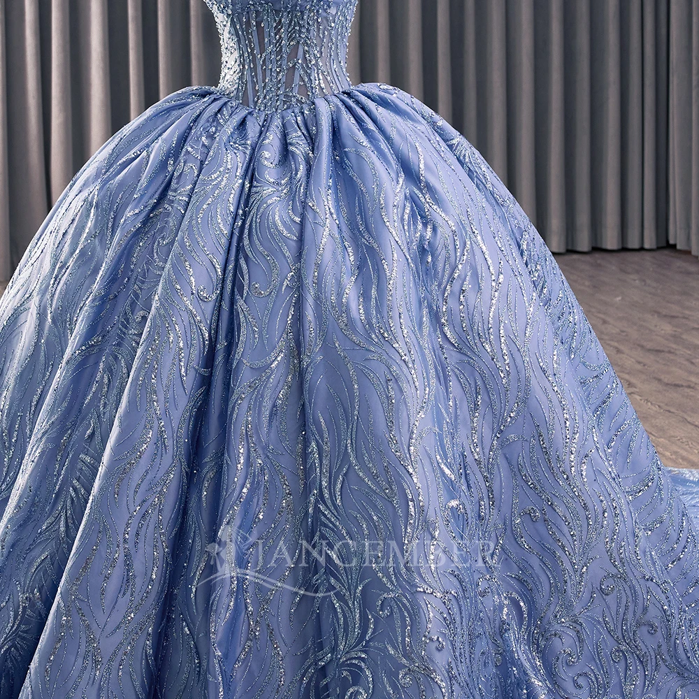 Customized Blue Quinceanera Dress Court Train Beading Scoop Ball Gown Lace Up Short Sleeves vestidos de 15 quinceañera