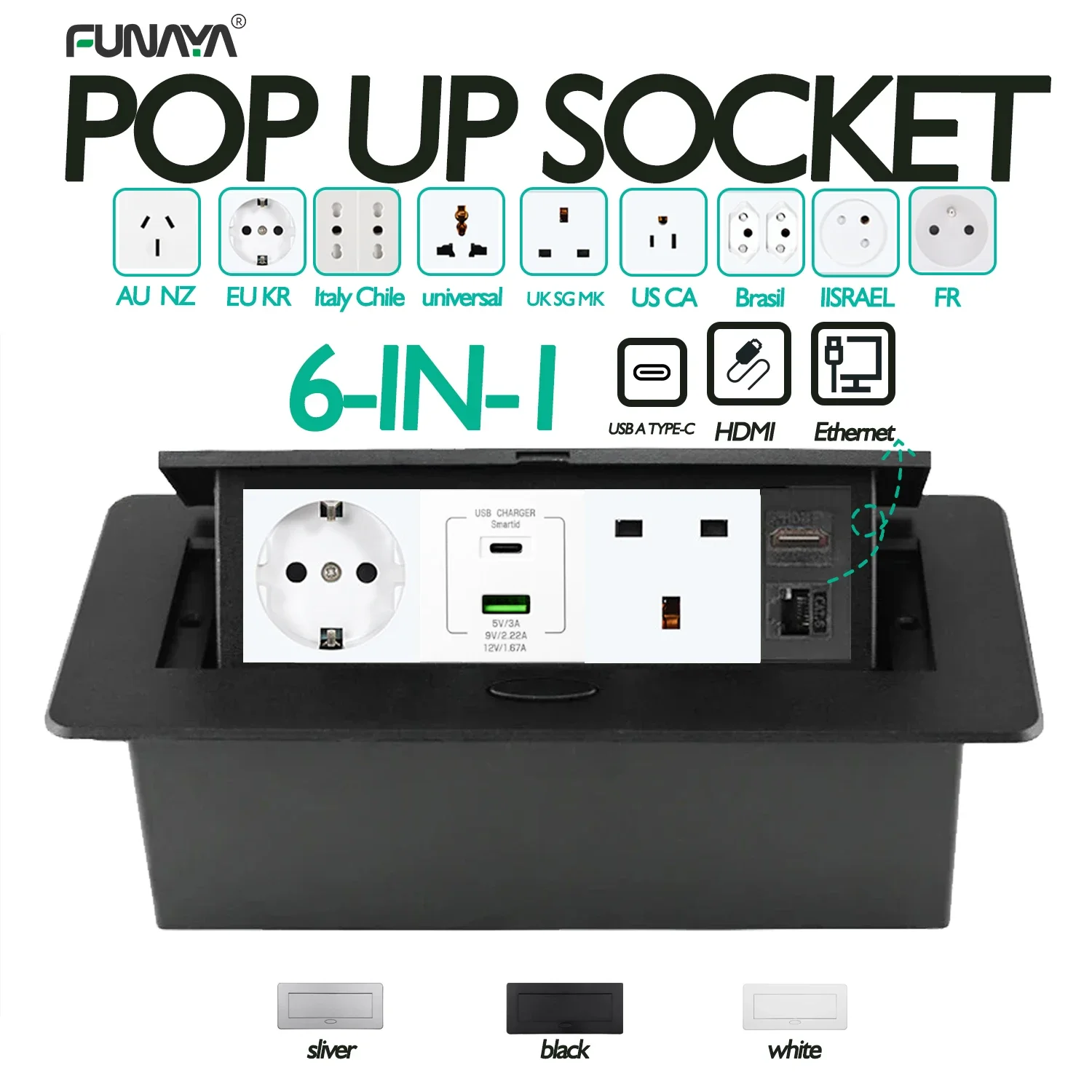 

FUNAYA Pop Up Socket UK Universal EU US AU FR Israel BR Italy Hidden Outlet with USB Typec Ethernet RJ45 HDMI Countertop Desktop