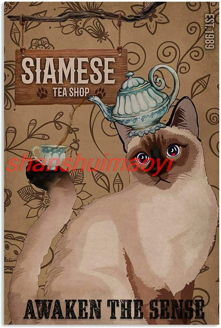 Vintage Metal Plaque Poster Siamese Cat And Tea Awaken The Sense Retro Metal Tin Sign Plaque Wall Decor Gift For Bathroom R KJF