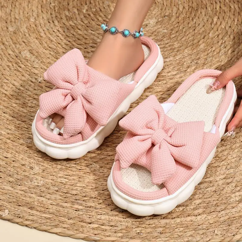 Linen Casual Platform Slippers Women House Bowknot Designer Shoes Ladies Flats Elegant Home Fashion Footwear Lovely Large Size