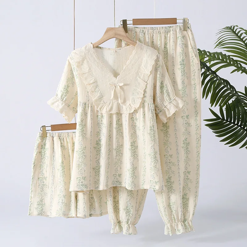 Three Piece Sleepwear Set Cotton Pajamas For Spring And Summer Women's Thin Style Loose French Style Home Clothing Set