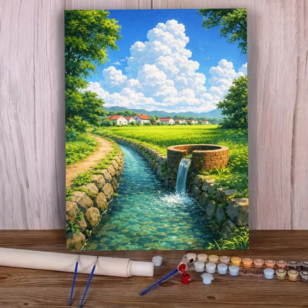 Idyllic Countryside River Scenery Diamond Painting By Number DIY Wall Decor for Relaxing Hobby Bedroom Artistic Decor