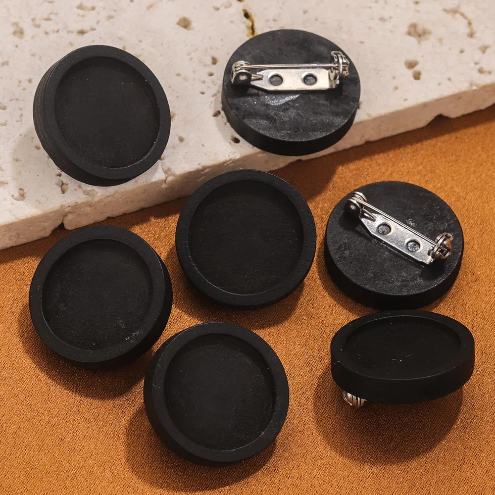 10pcs/lot Blank Wood Black Cabochon Brooch Base Settings 20 25 30 40mm Round Bezel Tray Diy Brooches Pin for Jewelry Making