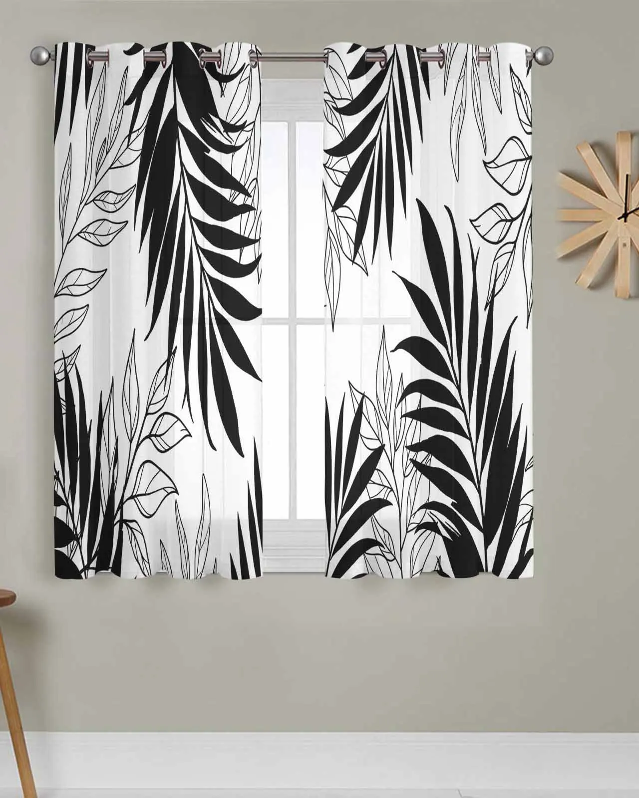 

Tulle Window Curtains Modern Black and White Lines Leaves for Living Room Bedroom Transparent Chiffon Sheer Voile Window Curtain