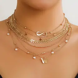 6Pcs/Set Boho Infinite Symbol Leaf Butterfly Pendant Necklace for Women Vintage Ethnic Imitation Pearl Thin Chain Party Jewelry