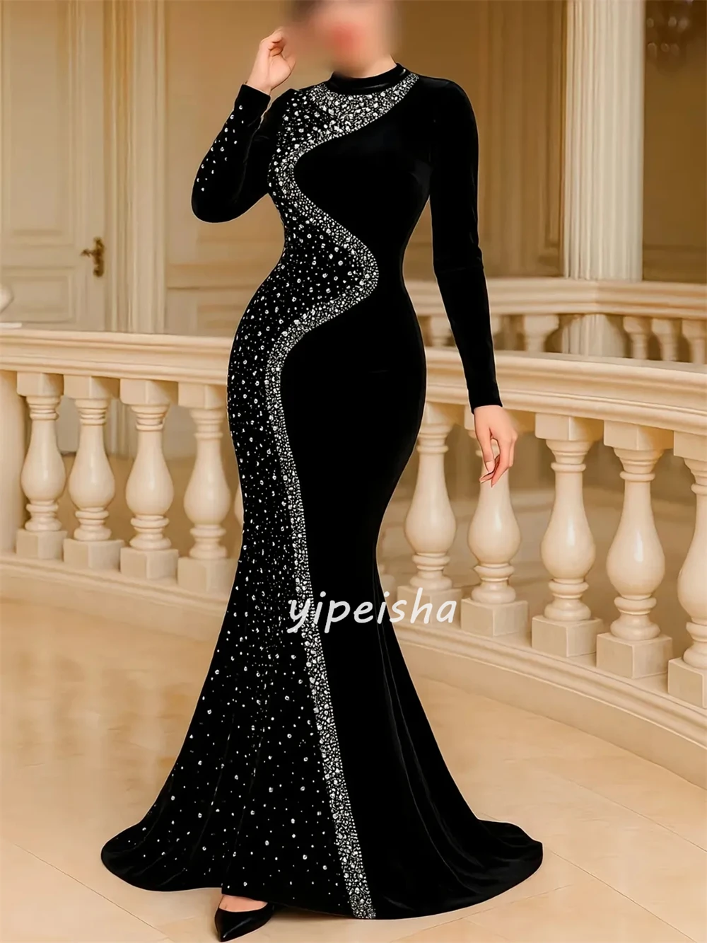 ชุดเดรสยาวทรงเมอร์เมด คอสูง แต่งลูกปัดผ้าเจอร์ซีย์ จับจีบ ดีไซน์ทันสมัย หรูหรา สั่งตัดได้ สำหรับโอกาสพิเศษ ชุดออกงาน ชุดเข้าชุด