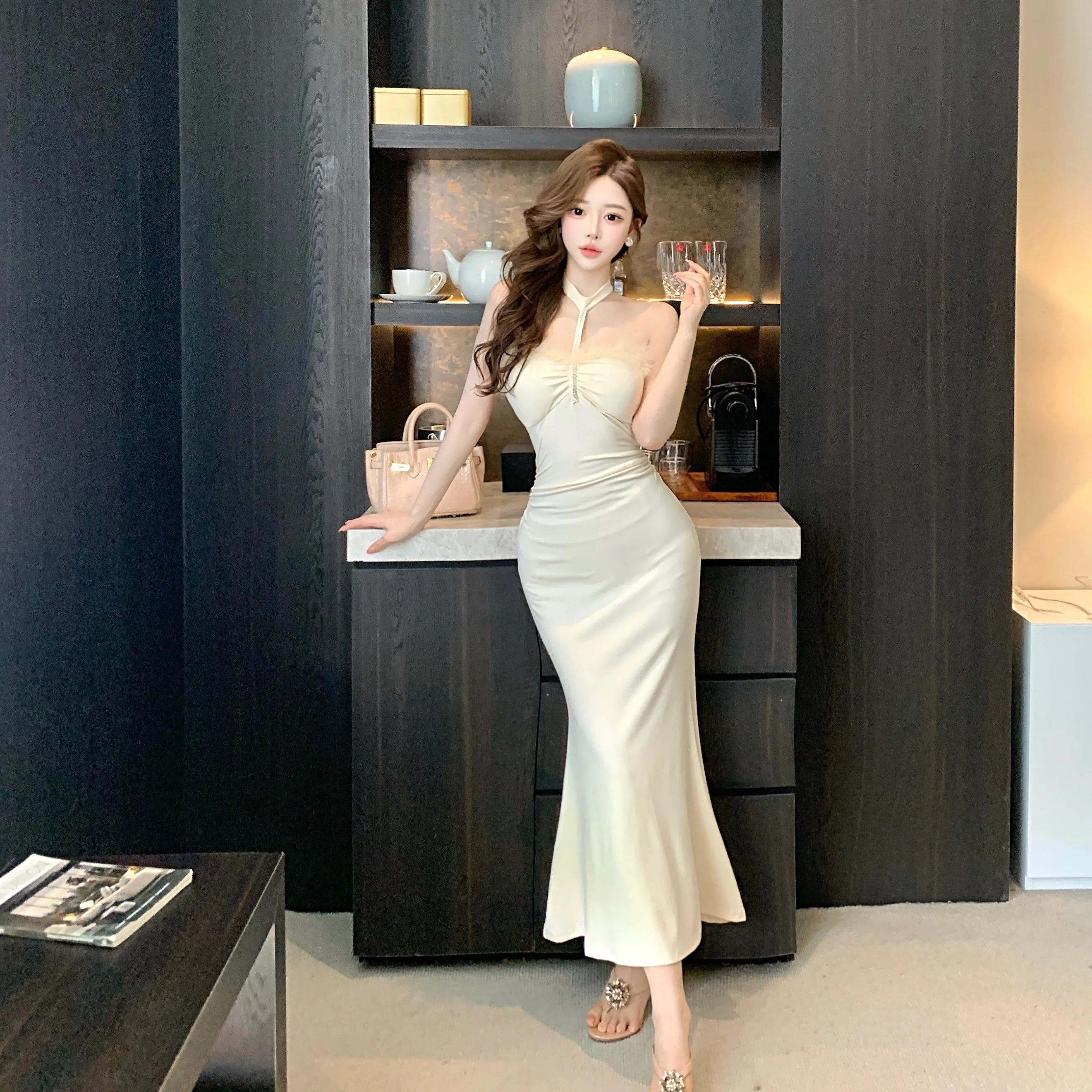 Furry ter Ne Dr Fce Lined Wrap around mid Length Slim Fit H pe Princ Sle Sweet Sle Winter Suitable Daily ...