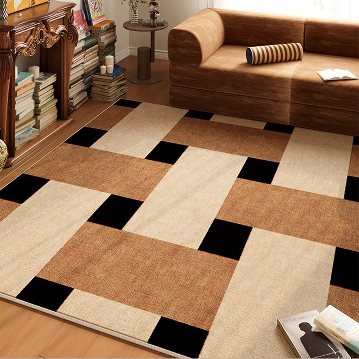 Brown Mid-century Modern Style Carpet for Living Room Short Plush Large Area Rugs Light Luxury Home Decoration Mats Bedroom Rug