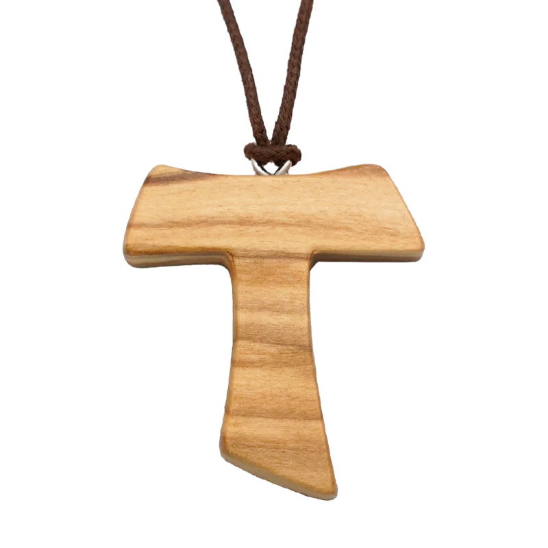 Religion Olive Wood Tau Cross 4/3/2.5CM Pendant with Rope Couple Necklace Religious Jewelry Christian Wooden Necklace for Women