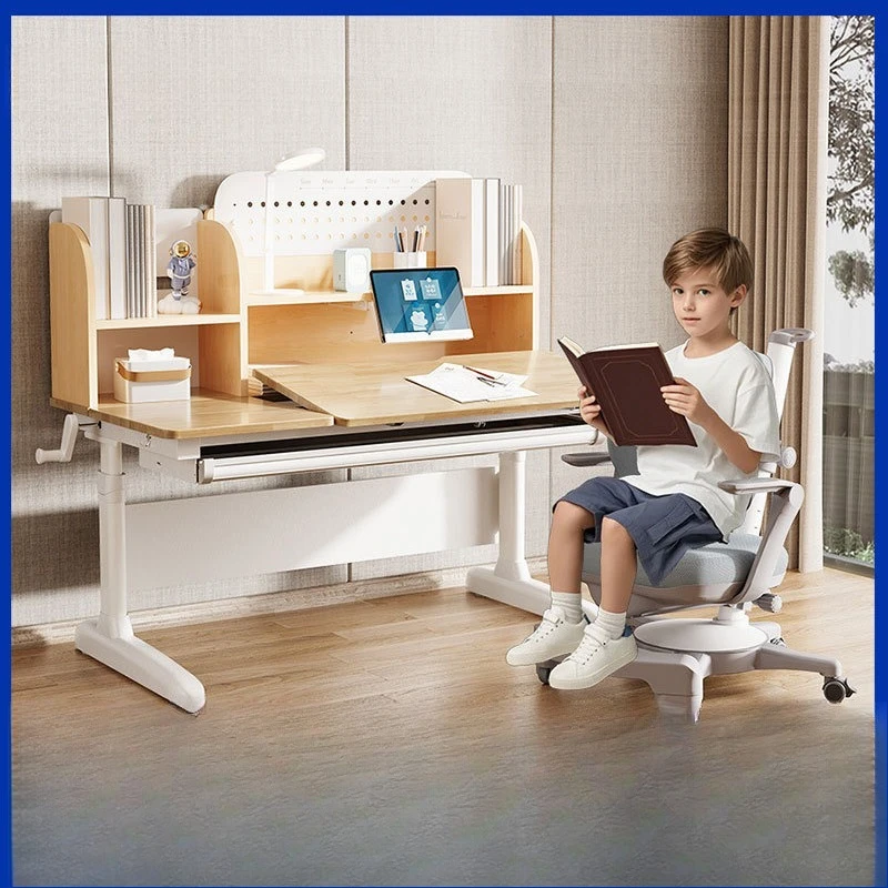 Study table and chair set Household liftable solid wood writing table