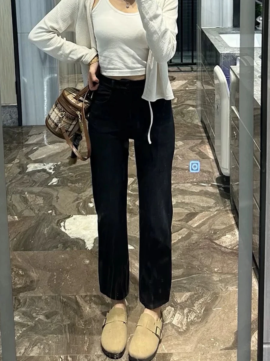 

Джинсы женские с высокой талией, эластичные, прямые, из хлопкового стрейч-денима, больших размеров, весна-осень