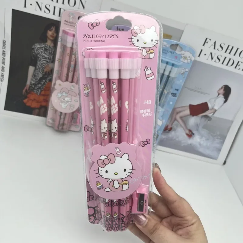 12Pcs Sanrio Hello Kitty Pencil with Pencil Sharpener Cute Cartoon Kuromi Cinnamoroll School Supplies Stationery Children Gifts