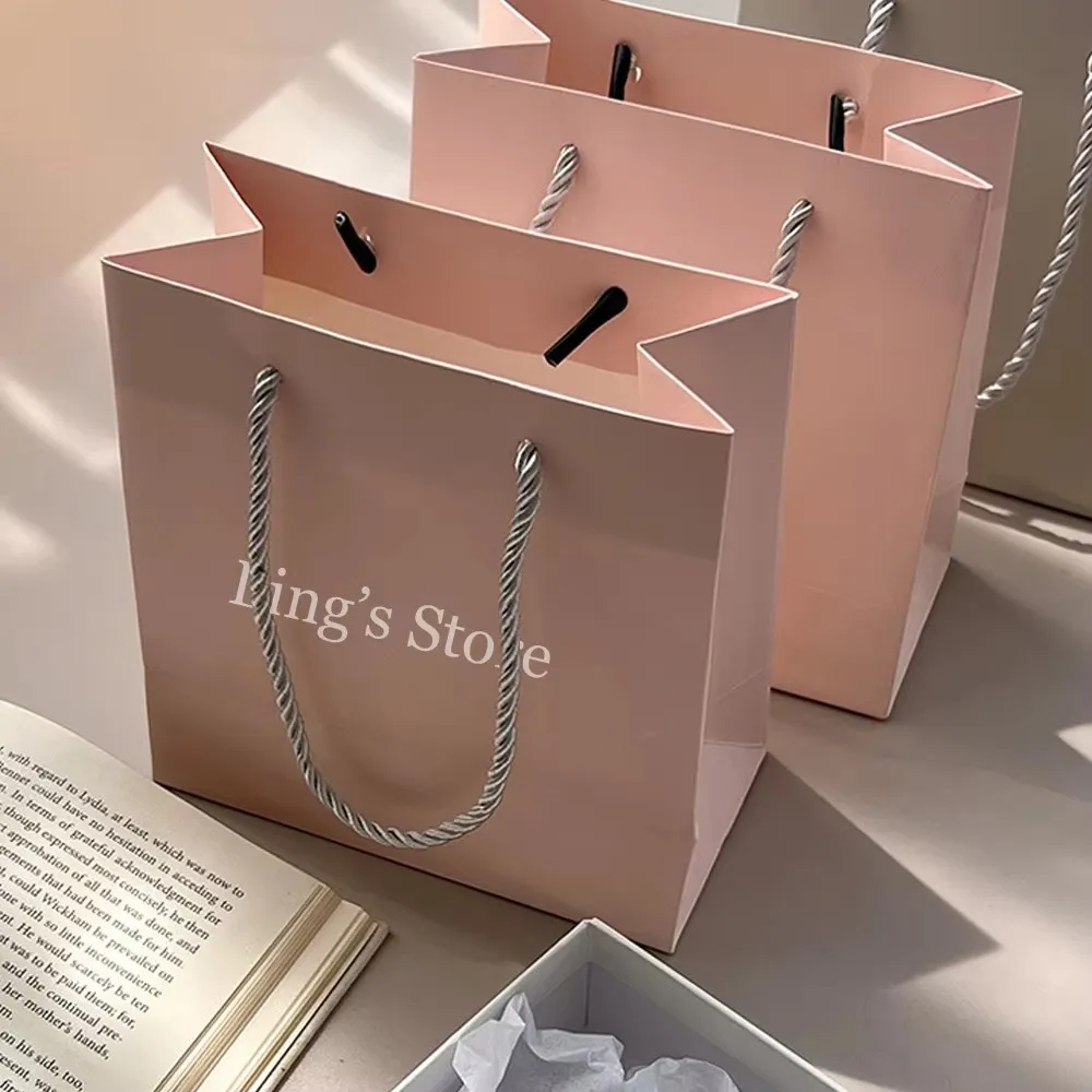 Sacs à poignée en papier pour bijoux, 24 pièces, 14x15x7cm, Logo personnalisé, blanc, gris, rose, cadeaux de mariage, emballage de rangement, pochette personnalisée