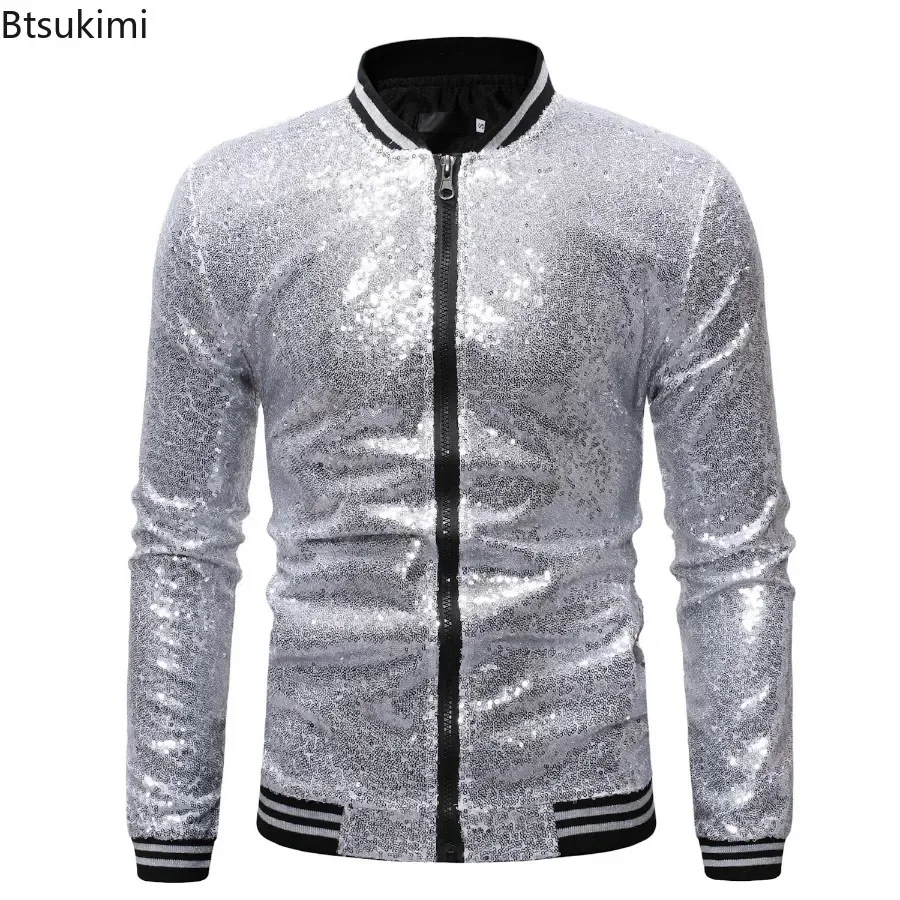 Chaquetas con lentejuelas para hombre, abrigos con purpurina brillante para discoteca, DJ, graduación, chaqueta Bomber para hombre, chaqueta para