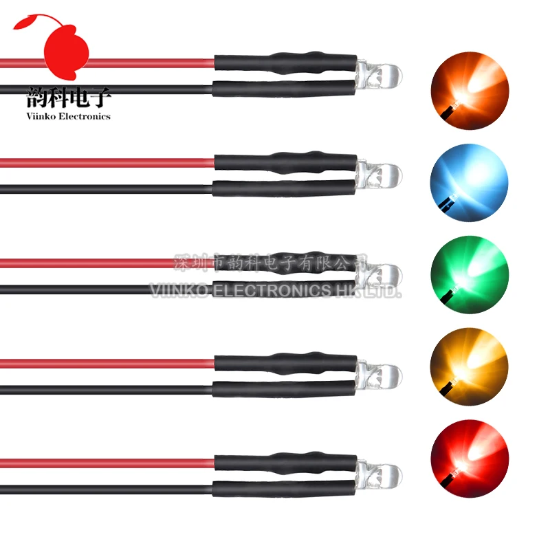 10PCS 3mm LED 5-12V 20cm Pre-wired White Red Green Blue Yellow UV RGB Diode Lamp Decoration Light Emitting Diodes Pre-soldered