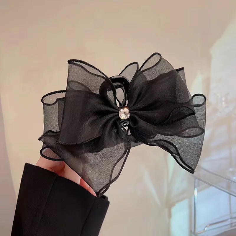 Korean Women Black Bow Grip Clip Elegant Fabric Ponytail Braid Claw Clip Retro Rhinestone Shark Clip Female Hair Accessories