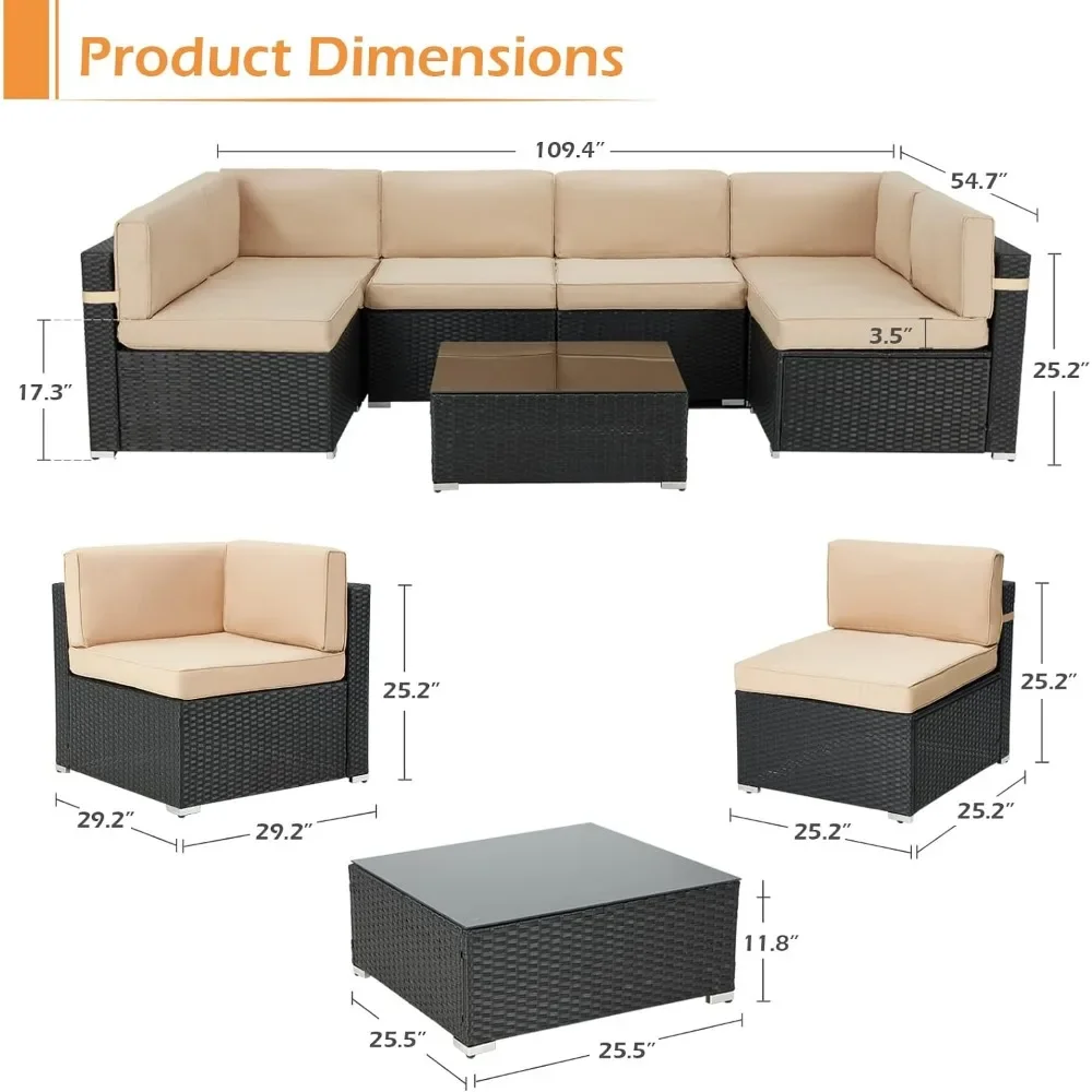 7-teiliges Gartenmöbel-Set, schwarzes Pe-Rattan-Korbs ofa, Gartenmöbel-Stuhl mit Khaki-Kissen