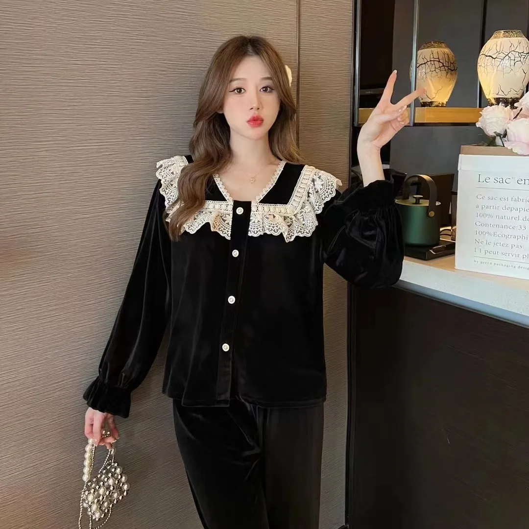 파자마 세트 골드 벨벳 레이스 레이스 수트 라이트 럭셔리 여성용 봄 가을 겨울 블랙 코트 스타일 홈웨어