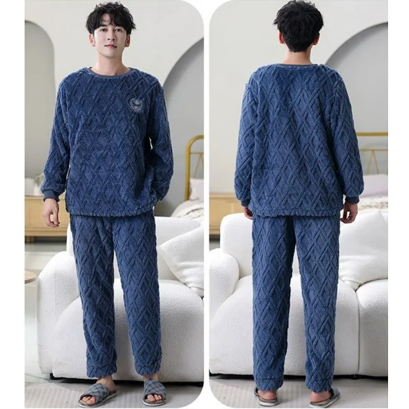 Flannel Pajamas Men Autumn Winter Pullover Warm Fleece-Lined Thickened Sleepwear Sets Coral Fleece Large Size Male Homewear Suit