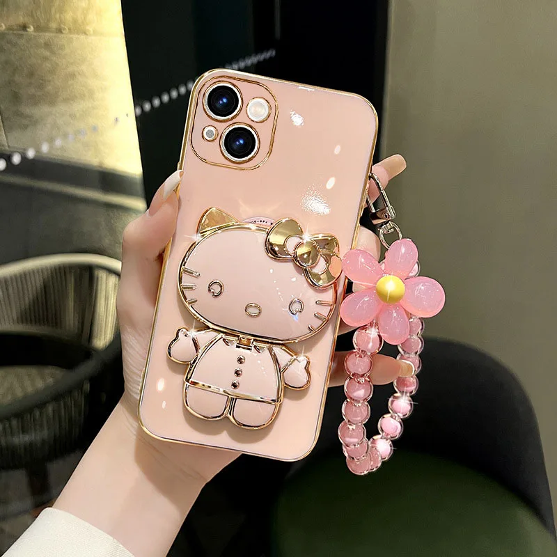 

Sanrio Hello Kitty Animei Kawaii Phone15 Case Electroplated Cat Holder Touch Up Mirror Apple 14promax Soft Shell Flower Bracelet