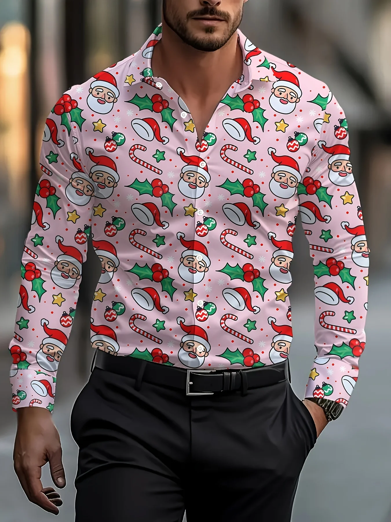 Christmas Festival Theme Men\'s 3D Printed Formal Shirts Christmas Tree Santa Claus Graphic Long Sleeve Shirt Fashion Men\'s Shirt