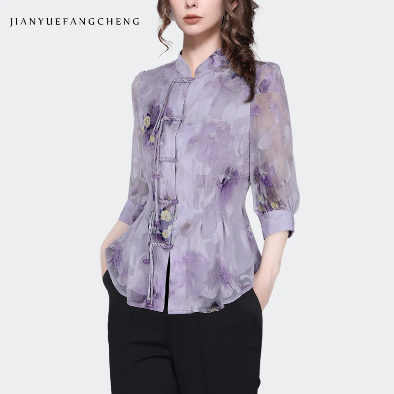 Retro Chinese Style Floral Print Chiffon Blouse Women Disc Buckle Tops Fashion Light Purple Female Spring Summer Shirts