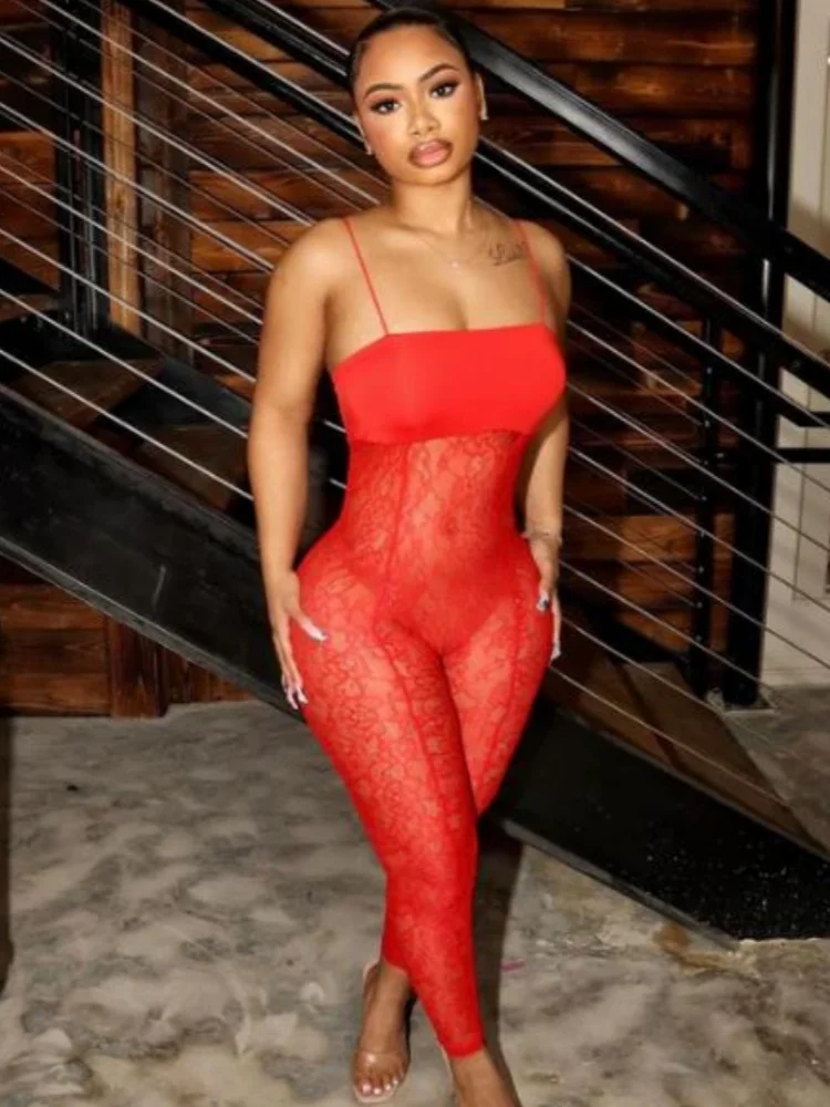 

Joskaa Sexy Lace See Through Red Jumpsuits Women Spaghetti Strap Backless Skinny One Piece Rompers 2024 Coquette Party Clubwear