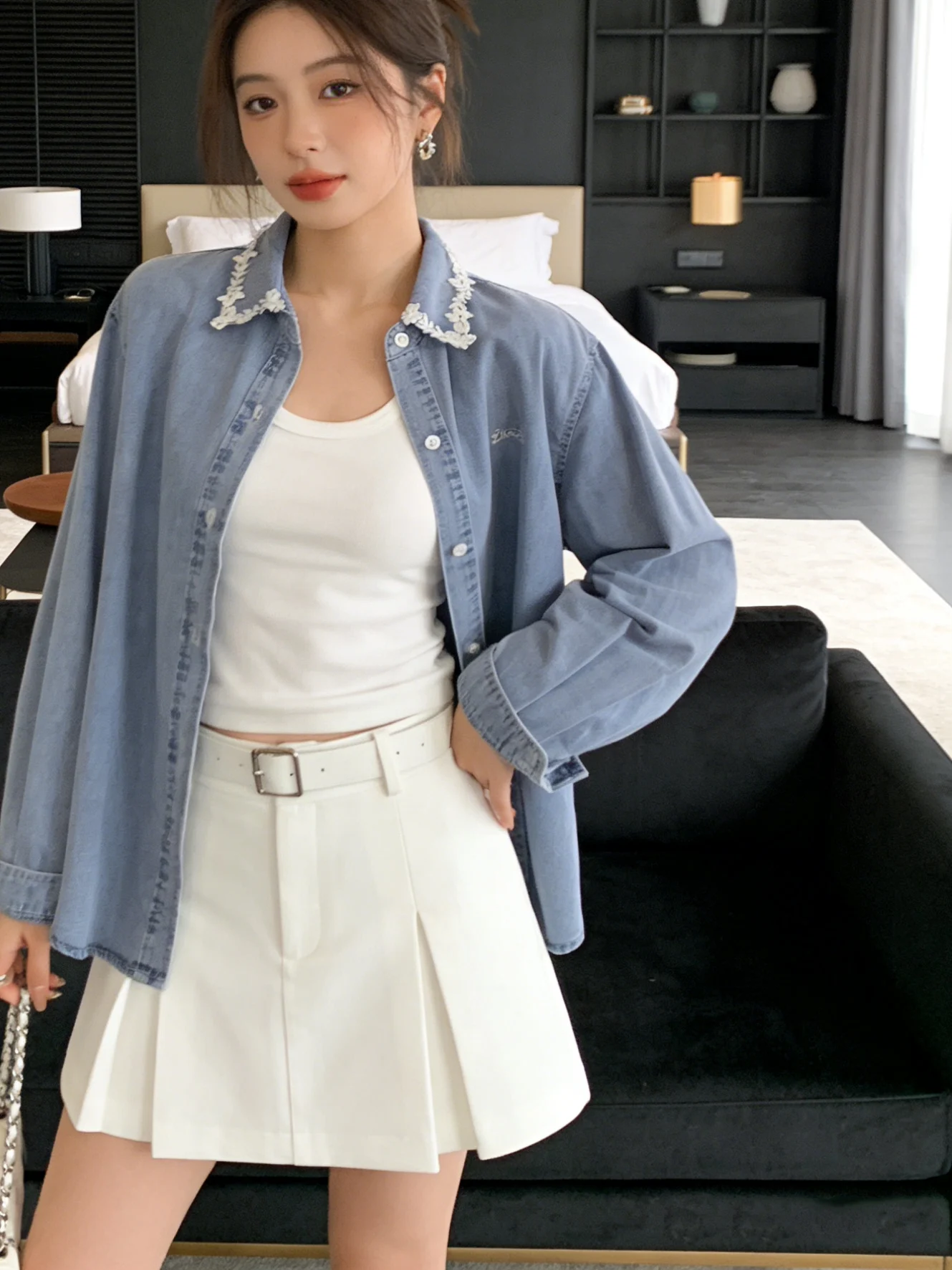 

Faionable Embroidered Me Collar Design Korean Sle Waed Denim irt Jaet Spring New Arrival Women's Casual Wear