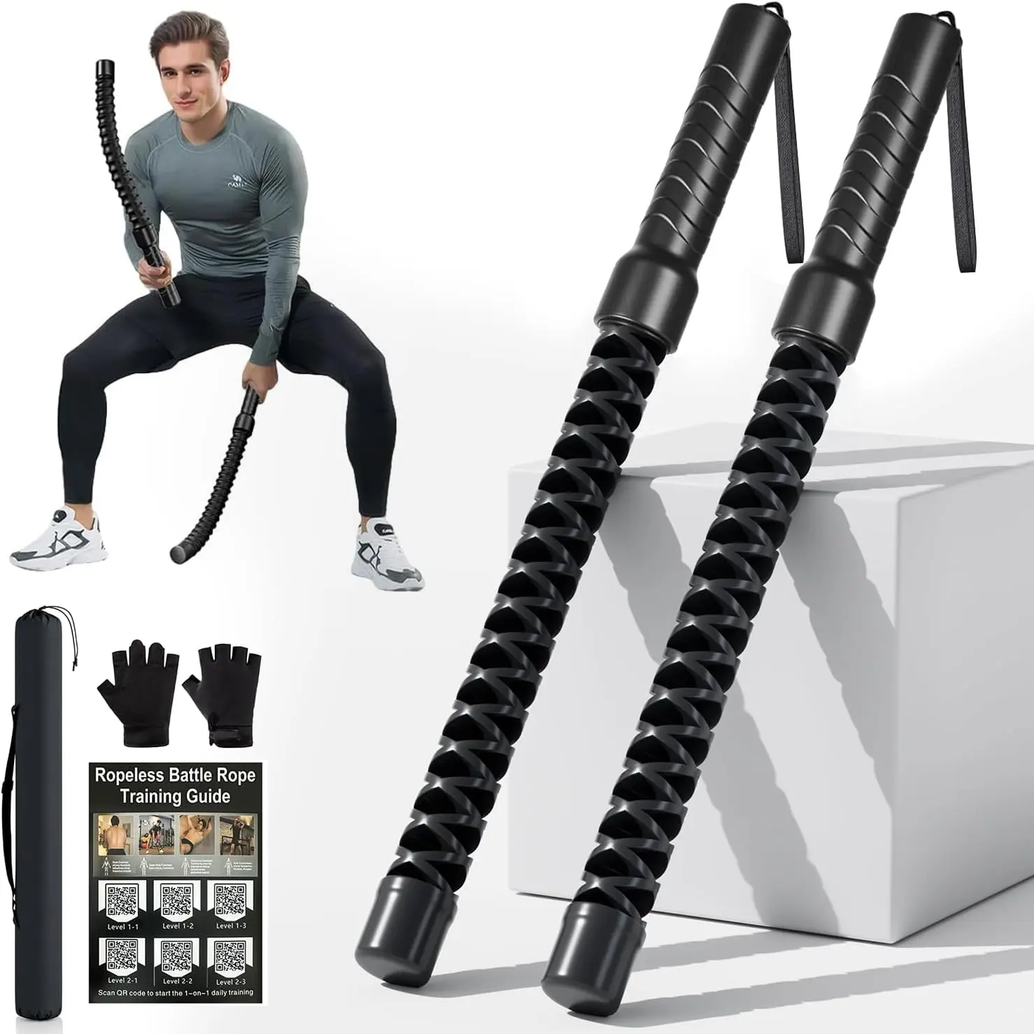 

Portable Ropeless Battle Ropes for HIIT, Cardio & Muscle Training with Non-Slip Gloves