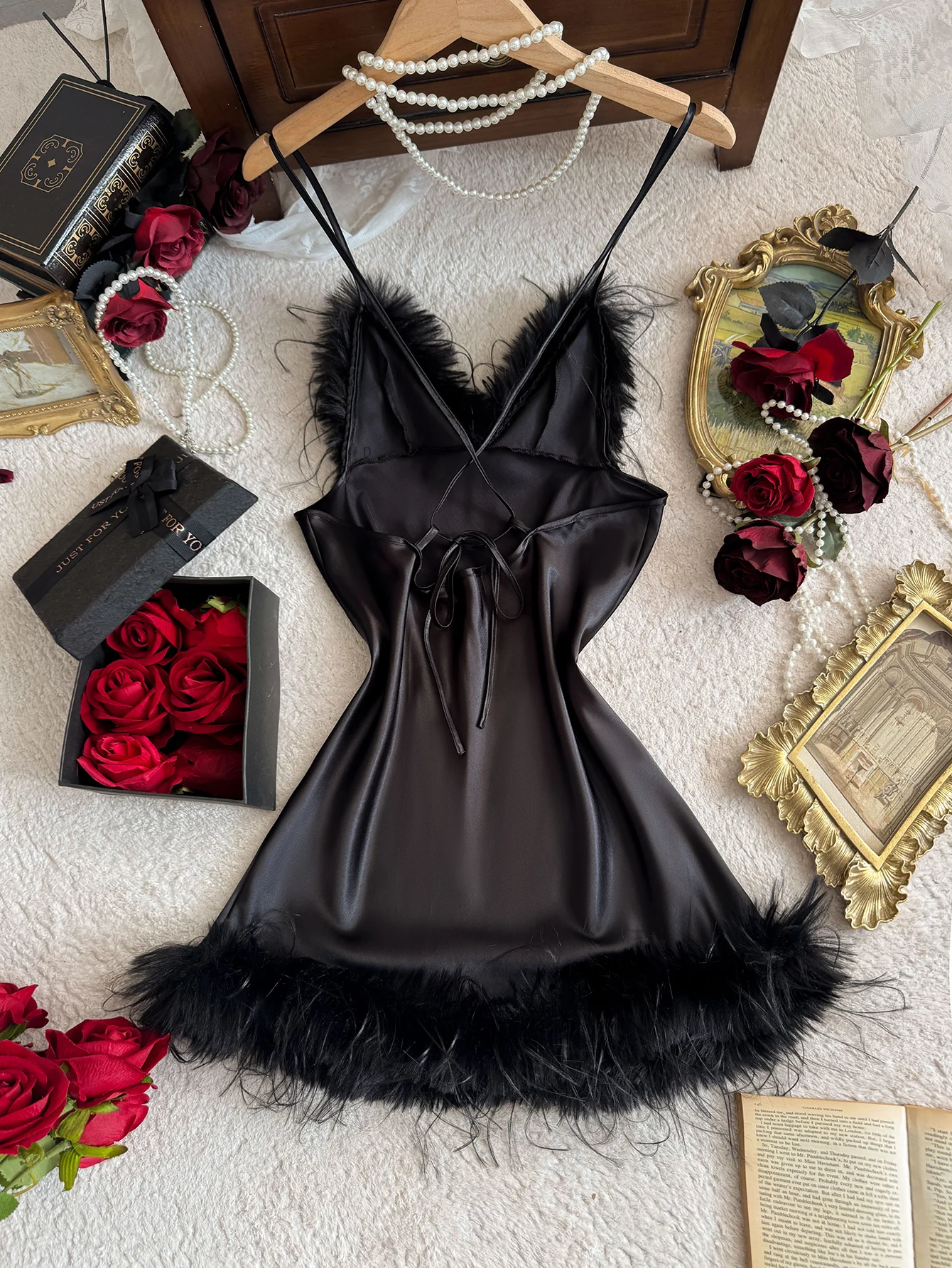 Women Feather Trim Slip Nightgown V Neck Spaghetti Strap Fashion Sleep Dress Sexy Ladies Pajamas For Home or Party view 2