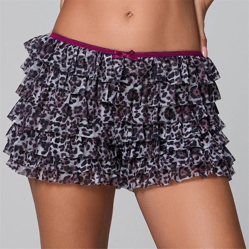 Women Leopard Bloomer Shorts Lace Frilly Ruffle Sexy Y2k Boy Shorts Cheetah Print Smocked Micro Pj Boxers Bottoms