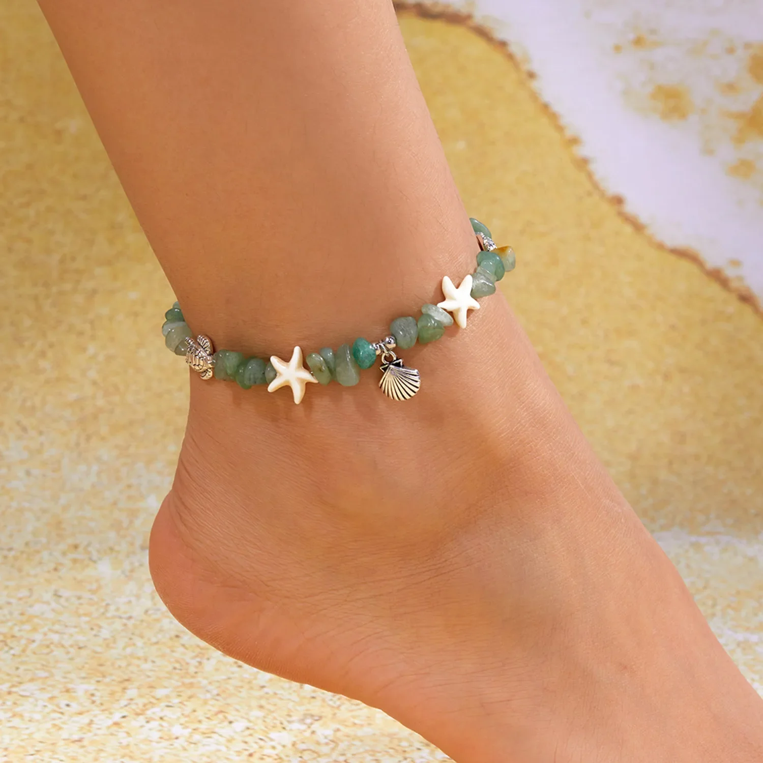 Summer Beach Stone Chain Anklets for Women Boho Turtle Starfish Shell Charm Ankle Bracelet on Leg Foot Handmade Fashion Jewelry