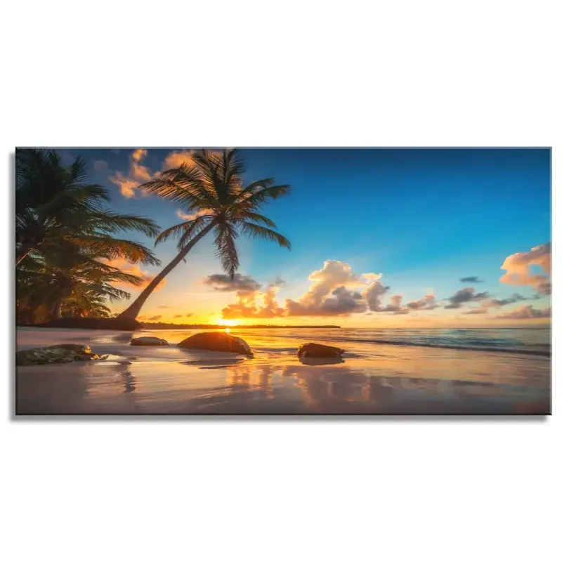 (1PC Unframe)Wall Art Canvas Painting Sunset on a Tropical Beach with Palm Trees Blue Sky Ocean Seaview Picture Poster Print Unf