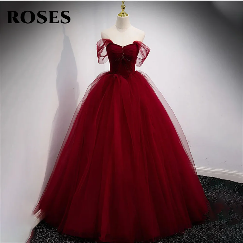 

ROSES Burgundy A Line Formal Dresses Net Beading Party Dress For Wedding Lace Up Back Pleat Special Occasion Dresses robe soirée