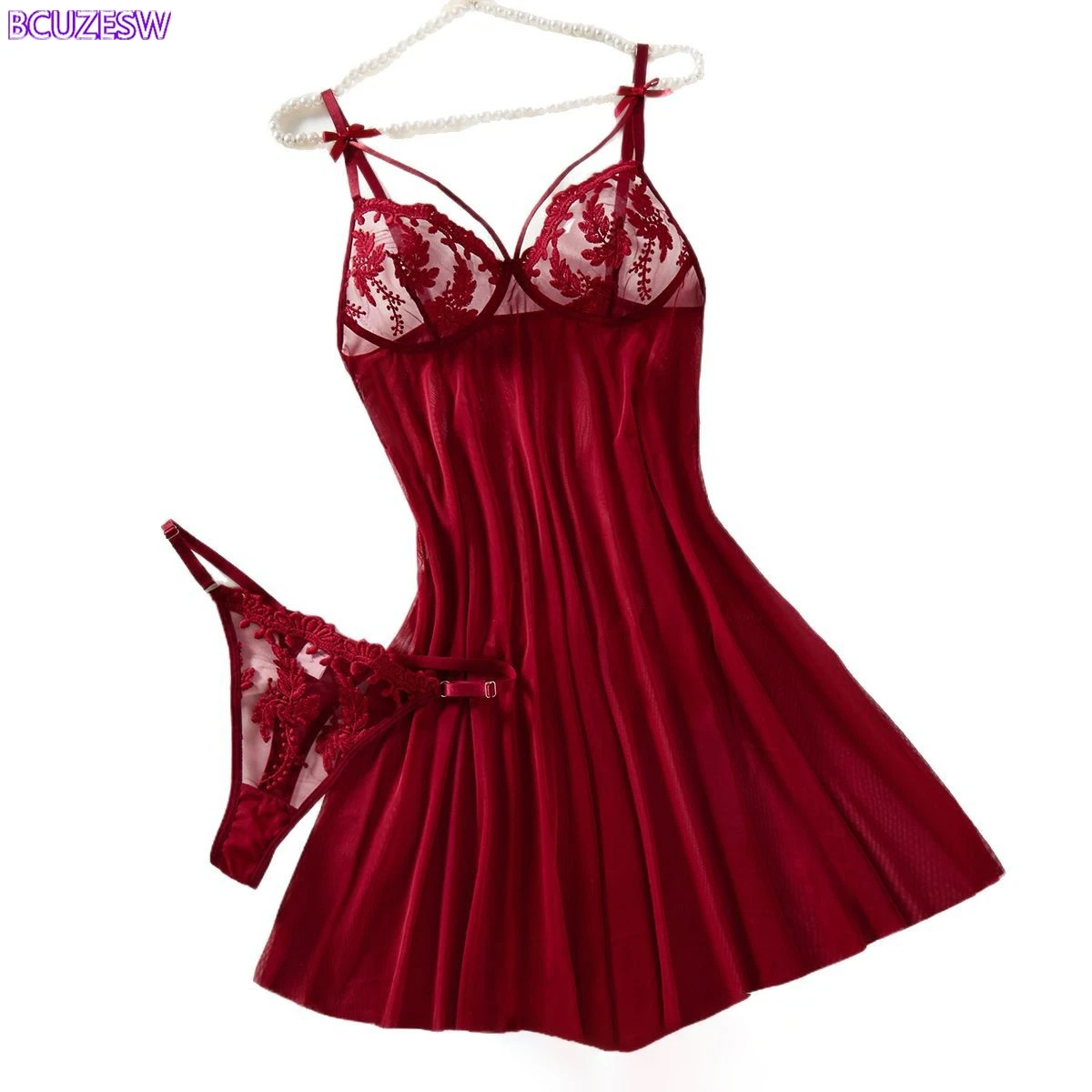 

Summer Pajamas Romantic Nightwear Ladies Sexy Mesh Short Dresses Wine Red Suspenders Nightgown Sleepwear Backless Homewear Dress