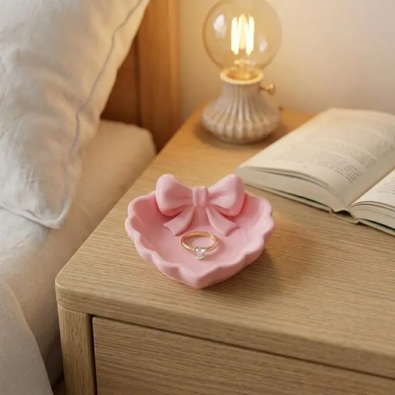 Heart-Shaped Jewelry Tray 3D Printed Pink Bow Elegant Decor For Table Sink Office Desk Storage