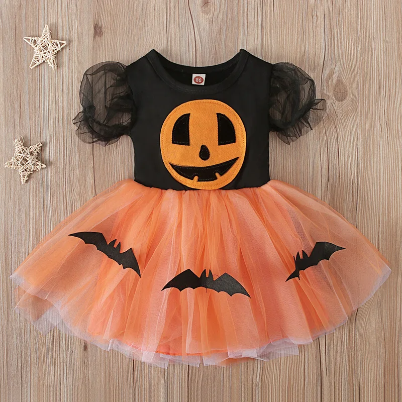 Halloween Pumpkin Dress Children Girls Pumpkin Bat Dress Kid Pumpkin Cosplay Costume Baby Cute Outfits Halloween Party Clothings