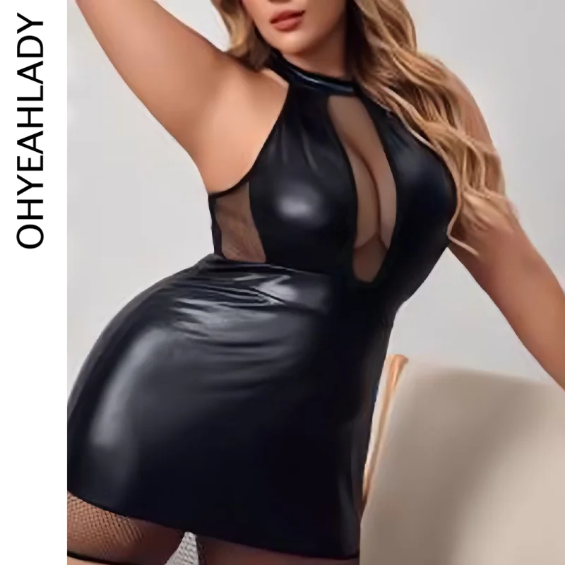 Ohyeahlady Women Halter Neck Mini Dress Sleeveless Bodycon Party Clubwear Lingerie Plus Size Nightgown Sexy Leather Mesh Pajamas