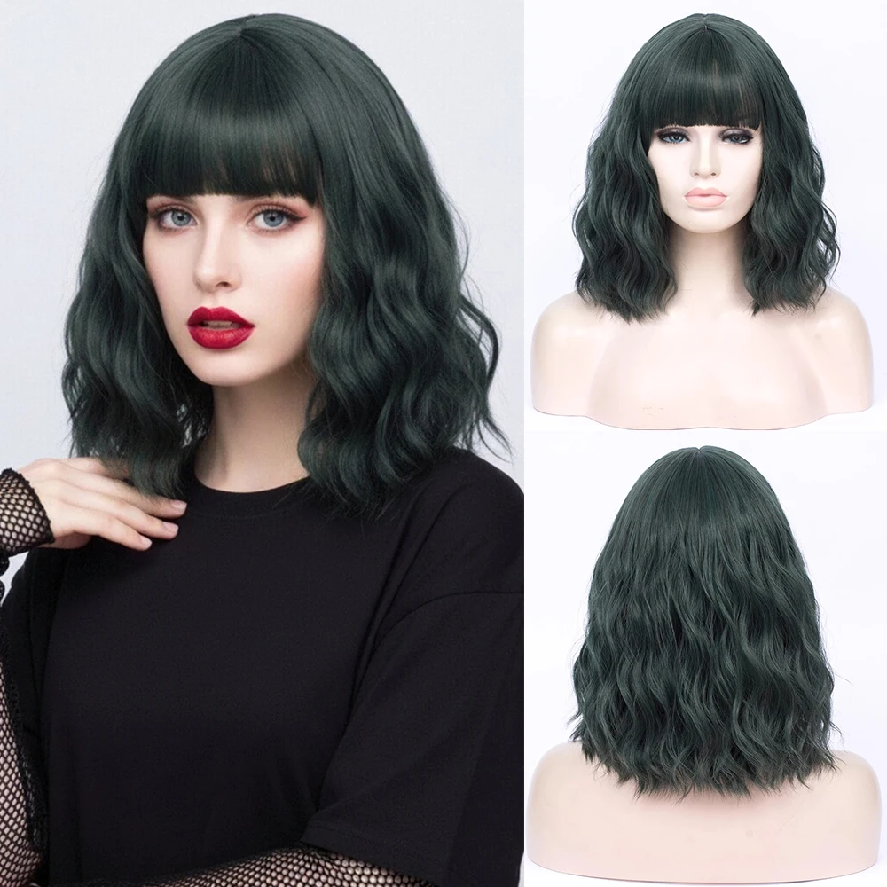 

Синтетический короткий кудрявый волнистый парик-каре черно-зеленого цвета с челкой для женщин, для косплея в стиле аниме и костюмов Лолиты, для вечеринок, искусственные волосы