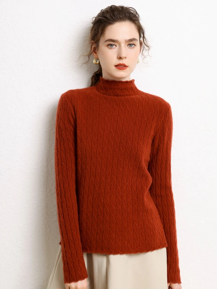 High Quality Women Sweater For Spring and Autumn Mock-neck Long Sleeve Pullover 100% Cashmere Knitwear Twist Casual Jumper Top